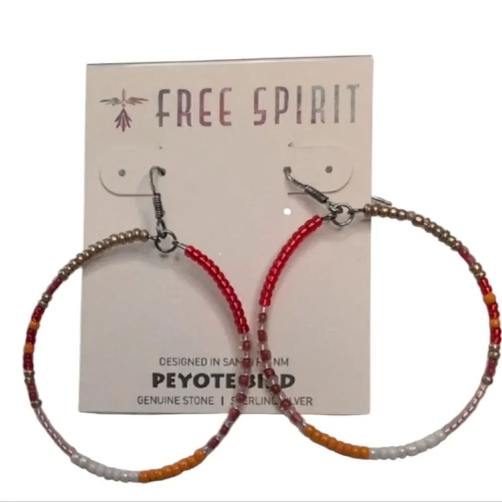 NWT Peyote Bird Red and Orange Beaded Hoop Earrings Sterling Silver